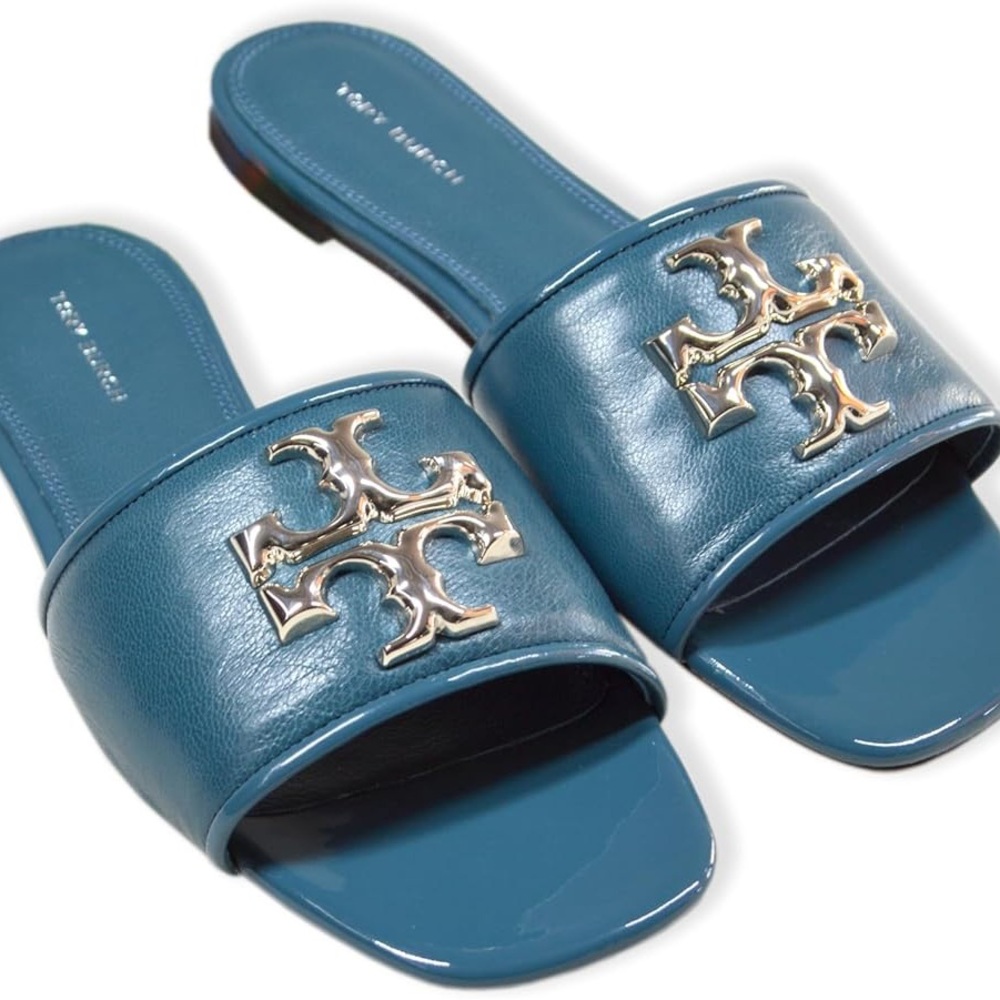 NIB Tory Burch Eleanor Leather Slide Sandals Brisk Blue US 8 8.5 AUTHENTIC